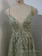 Dusty Sage Prom Dress Plunging V Neck Appliques Lace-Up A-line Long Evening Gown