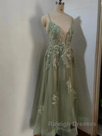 Dusty Sage Prom Dresses Plunging V Neck Appliques Lace-Up A Line Long Prom Gown