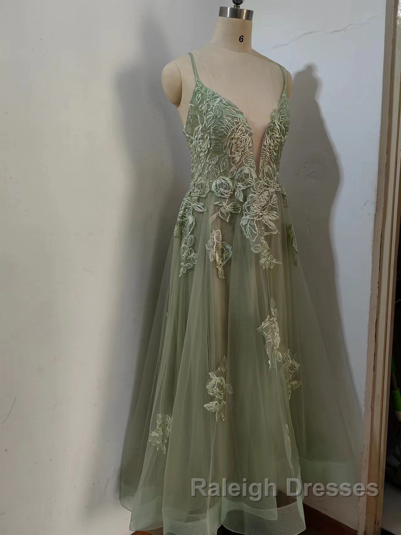 Dusty Sage Prom Dresses Plunging V Neck Appliques Lace-Up A Line Long Prom Gown