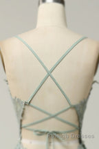 Dusty Sage Prom Dresses Plunging V Neck Appliques Lace-Up A Line Long Prom Gown