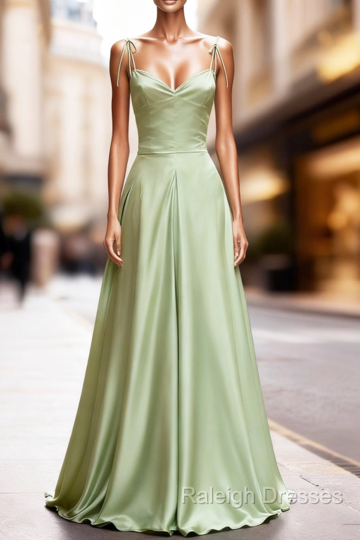 Dusty Sage Satin Long Classy Prom Dress with Pleated