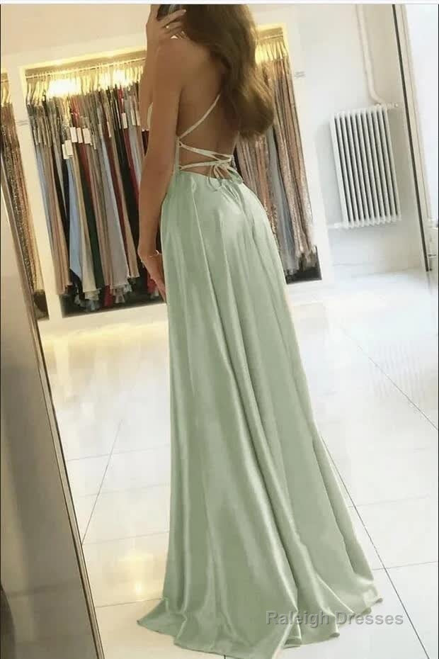 Dusty Sage Spaghetti-Straps Long Prom Dress With Slit Online Secondary image