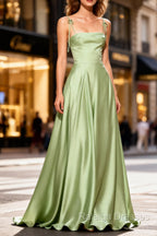 Dusty Sage Unique Satin Prom Dress Long with Pleated