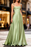 Dusty Sage Unique Satin Prom Dress Long with Pleated