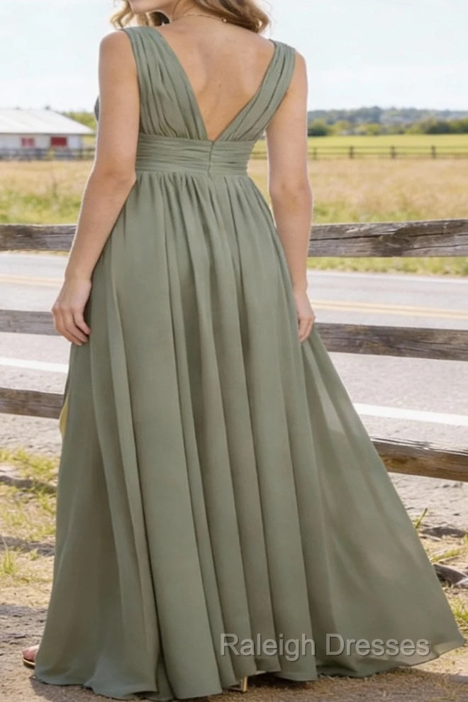 Dusty Sage V Neck Chiffon Floor Length Bridesmaid Dress Long Bridesmaid Dresses With Pleated Split Secondary image