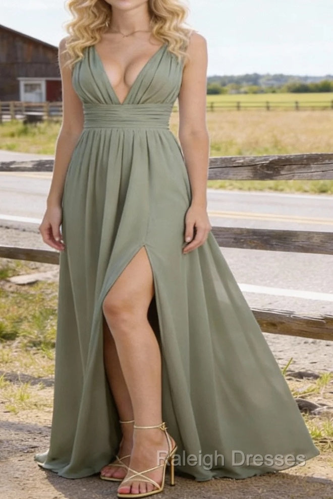 Dusty Sage V Neck Chiffon Floor Length Bridesmaid Dress Long Bridesmaid Dresses With Pleated Split Main image
