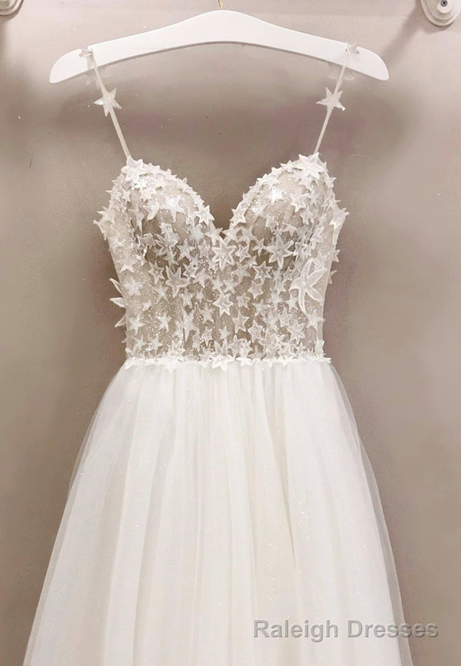 White Tulle Long A Line Prom Dresses with Lace Main image