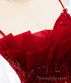 Burgundy Lace Long Prom Dresses, A-Line Spaghetti Strap Evening Dresses