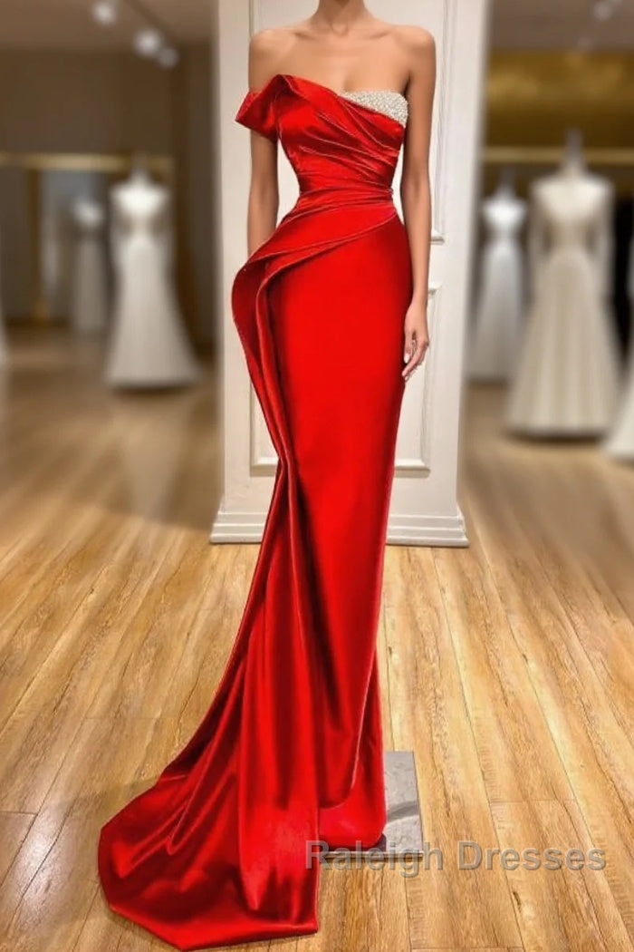 Strapless Red Mermaid Prom Dress With Beads