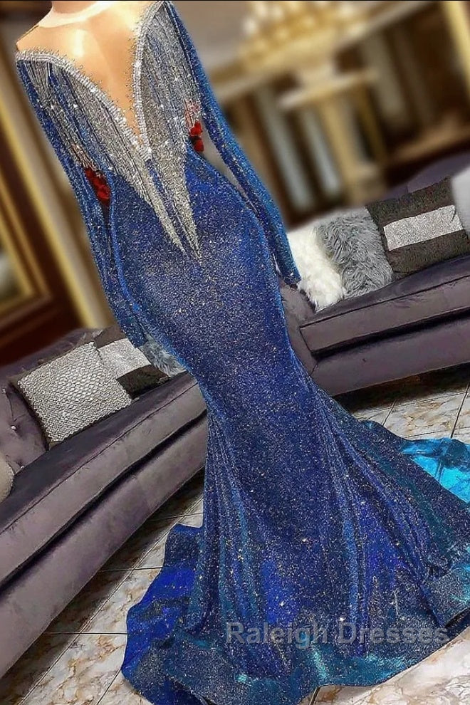 Luxurious long Sequins Mermaid V-neck Prom Dresses with Sleeves Main image