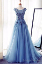 Appliques Lace Up Capped Sleeves A Line Tulle 2026 Blue Prom Dresses