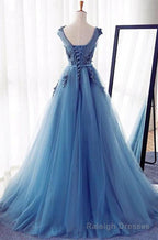 Appliques Lace Up Capped Sleeves A Line Tulle 2026 Blue Prom Dresses