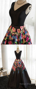 Black V Neck Floral Patterns Long Prom Dress, Black Evening Dress
