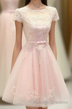 Pink Lace Tulle Short Prom Dress, Pink Evening Dress