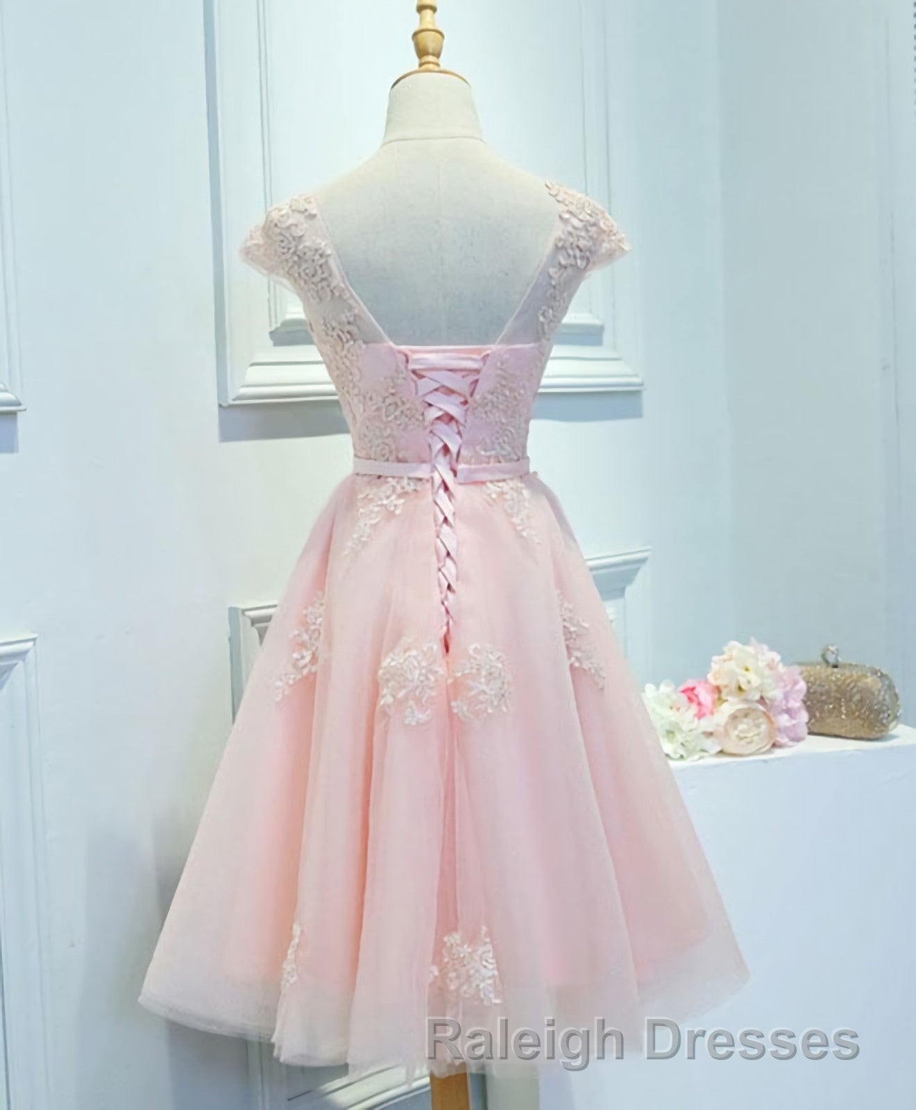 Pink Lace Tulle Short Prom Dress, Pink Evening Dress