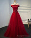 Burgundy Lace Tulle Long Prom Dress, Off Shoulder Evening Dress