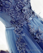 Blue A Line Tulle Lace Long Prom Dress, Evening Dress
