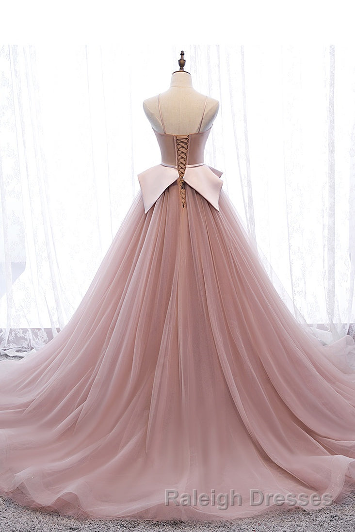 Pink Spaghetti Straps Tulle Long Formal Prom Dress, Unique Long Wedding Dess Secondary image