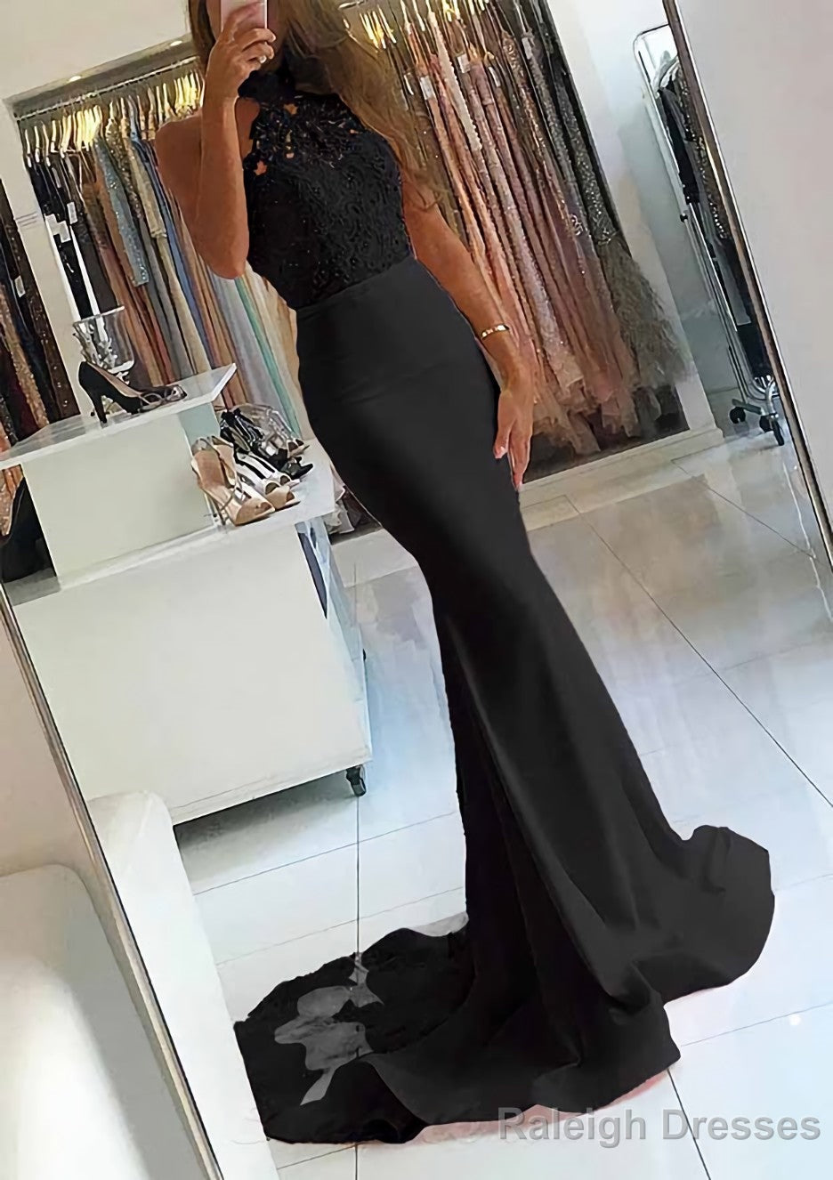 Elastic Satin Court Train Trumpet/Mermaid Sleeveless Halter Covered Button Prom Dresses With Beaded