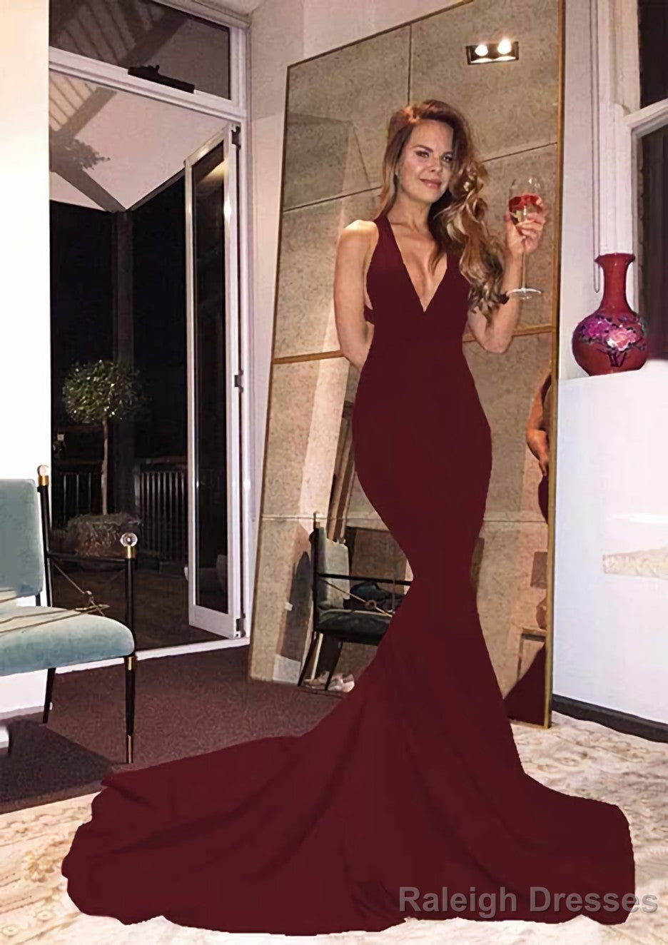 Elastic Satin Court Train Trumpet/Mermaid Sleeveless V Neck Zipper Prom Dress