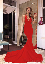 Elastic Satin Court Train Trumpet/Mermaid Sleeveless V-Neck Zipper Prom Dresses