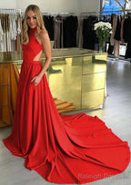 Elastic Satin Prom Dress A Line High-Neck Chapel Train With Pleated
