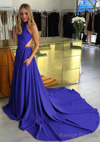 Elastic Satin Prom Dresses A-Line/Princess High-Neck Chapel Train With Pleated