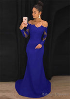 Elastic Satin Prom Dress Sheath/Column Off-The-Shoulder Court Train With Lace