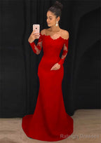 Elastic Satin Prom Dresses Sheath/Column Off-The-Shoulder Court Train With Lace
