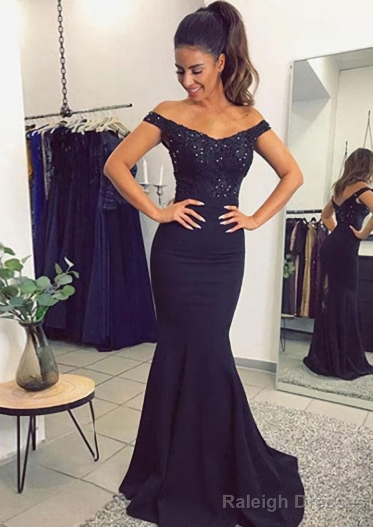 Elastic Satin Prom Dress Trumpet/Mermaid Off-The-Shoulder Sweep Train With Lace Main image