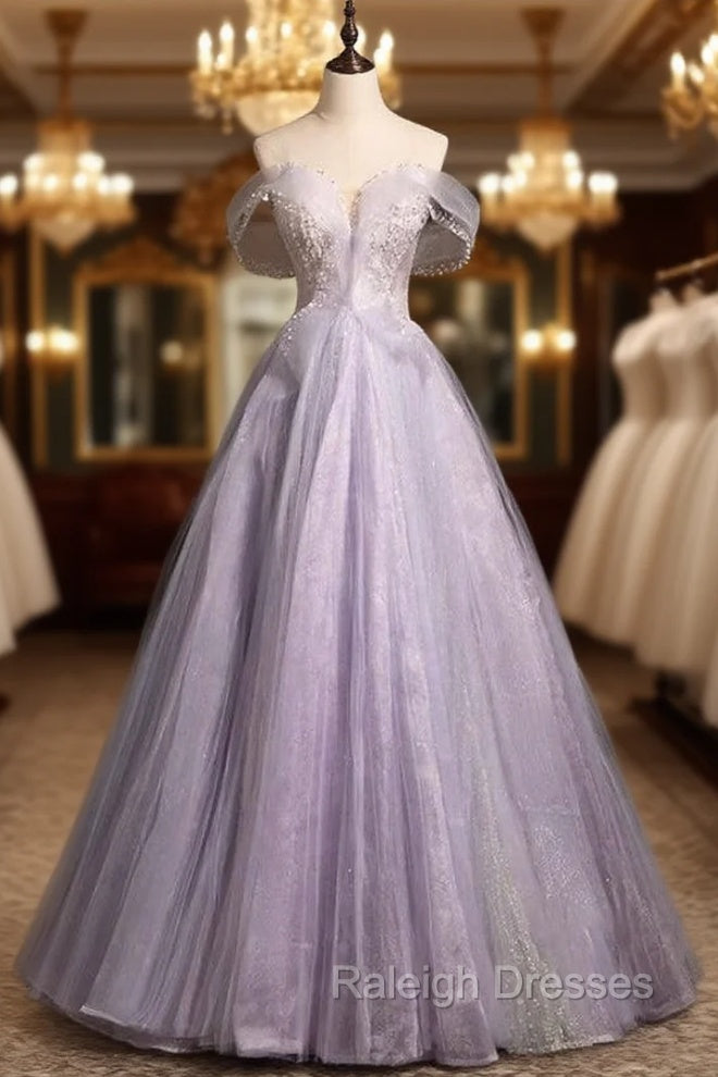 Elegance Purple Tulle Off the Shoulder Beading Prom Dress Main image