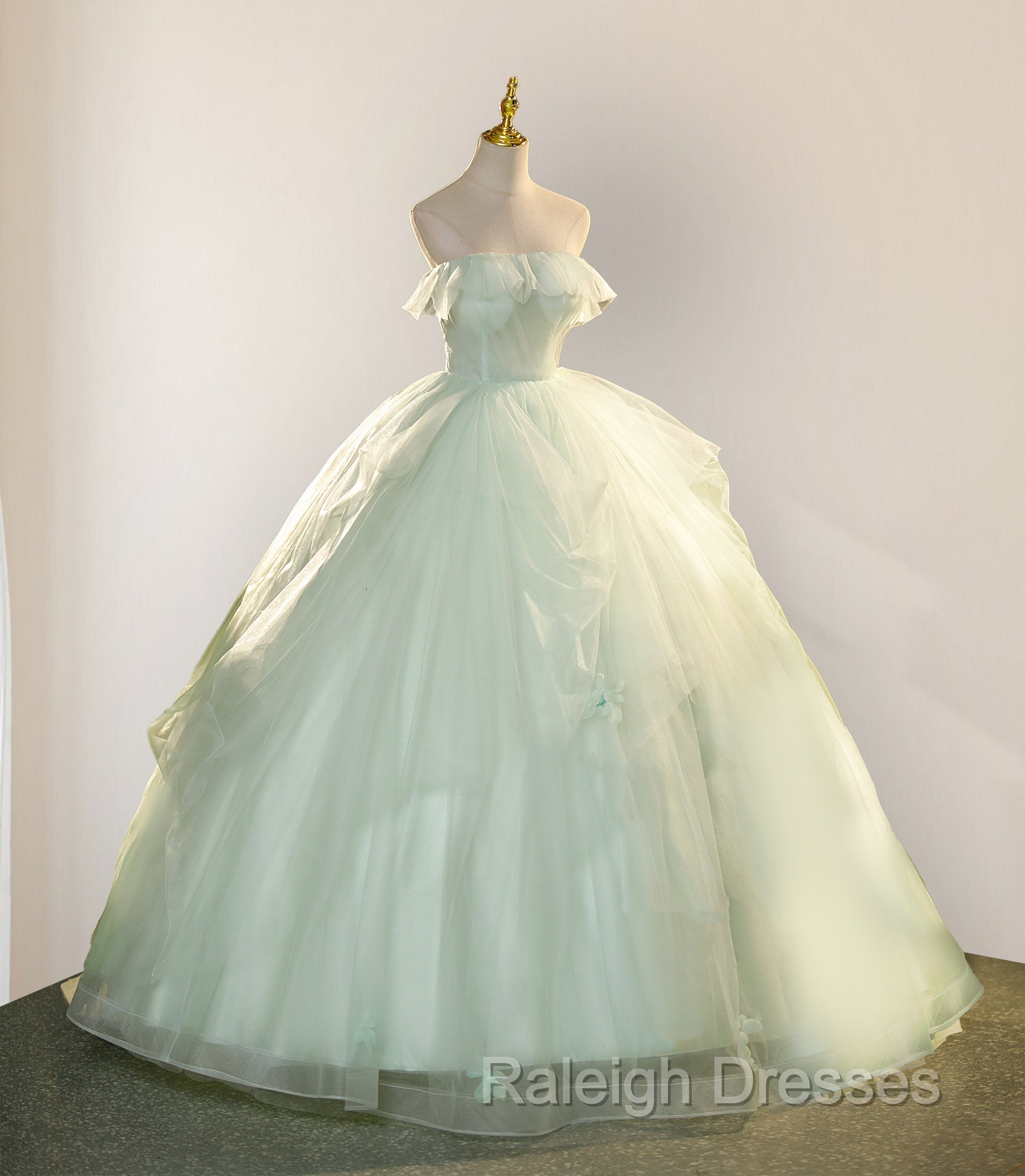 Elegant 3D Flowery Lace Sage Green Tulle Fairy Ball Gown