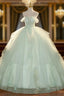 Elegant 3D Flowery Lace Sage Green Tulle Fairy Ball Gowns