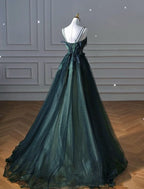 Elegant A-Line Dark Green Tulle Long Prom Dresses