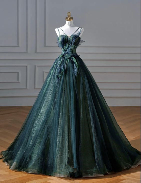 Elegant A-Line Dark Green Tulle Long Prom Dresses