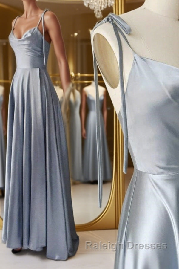 Elegant A Line Gray Satin Long Prom Dresses, Gray Formal Graduation Evening Dresses
