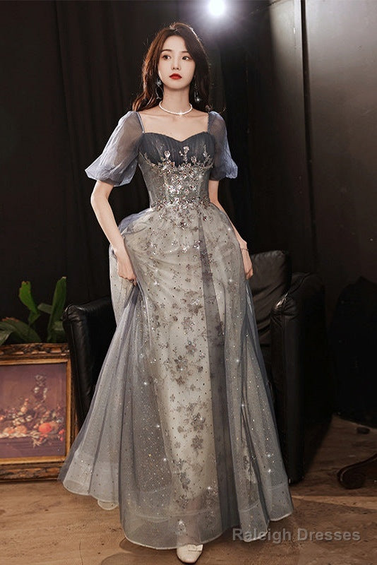 Elegant A-Line  Grey Tulle Short Sleeves Long Party Dress, Grey Evening Dress Secondary image