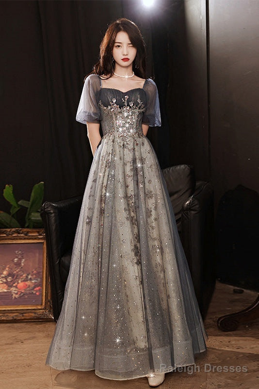 Elegant A-Line Grey Tulle Short Sleeves Long Prom Dresses Grey Prom Dresses