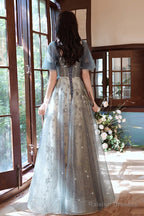Elegant A-Line Grey Tulle Short Sleeves Long Prom Dresses Grey Prom Dresses