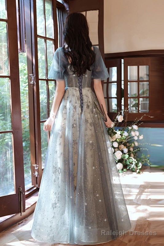 Elegant A-Line Grey Tulle Short Sleeves Long Prom Dresses Grey Prom Dresses