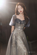 Elegant A-Line Grey Tulle Short Sleeves Long Prom Dresses Grey Prom Dresses