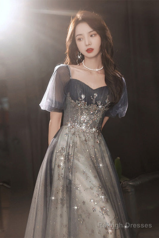 Elegant A-Line Grey Tulle Short Sleeves Long Prom Dresses Grey Prom Dresses