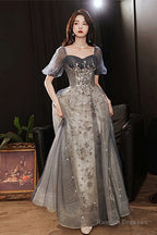 Elegant A-Line  Grey Tulle Short Sleeves Long Party Dress, Grey Evening Dress