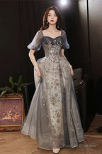 Elegant A-Line Grey Tulle Short Sleeves Long Prom Dresses Grey Prom Dresses