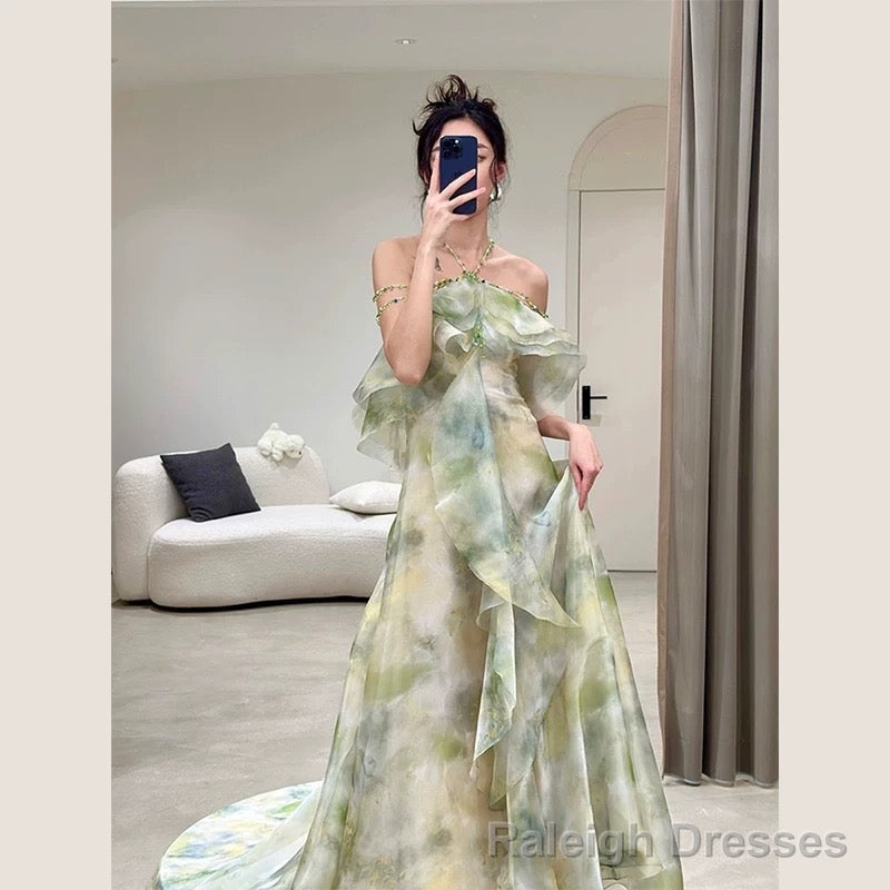 Elegant A Line Halter Chiffon Ombre Green Long Prom Dresses Evening Party Dress CC1260
