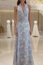 Elegant A Line Halter Lilac Floral Chiffon Long Evening Dress Outfits