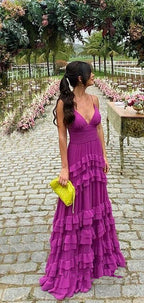 Elegant A-Line Long Tiered Chiffon Prom Dresses 22Th Birthday Outfits