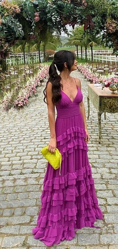 Elegant A-Line Long Tiered Chiffon Prom Dresses 22Th Birthday Outfits
