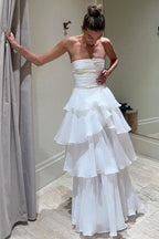Elegant A-Line Long White Tiered Prom Dresses 21Th Birthday Outfits