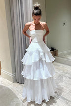 Elegant A-Line Long White Tiered Prom Dresses 21Th Birthday Outfits
